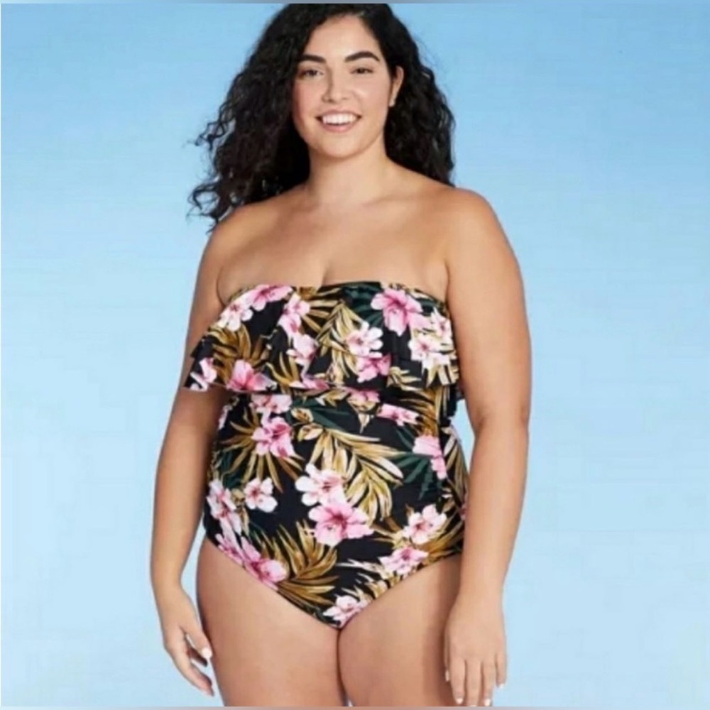 One Piece Swimsuit XL Full Coverage Kona Sol Tummy Control Tropical Flounce